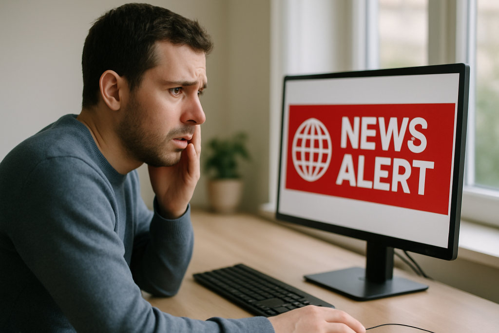 a person sitting at a desk looking at a computer screen showing a news alert, with a look of concern on their face