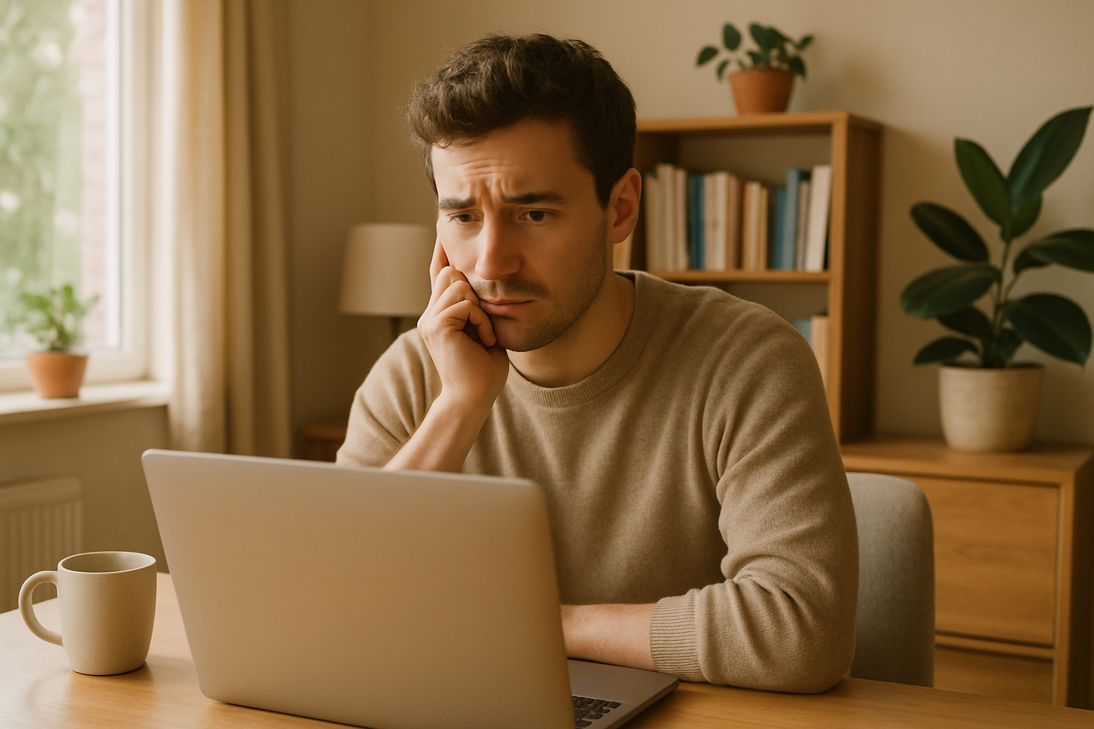 a person sitting at a laptop looking uncertain at the screen, warm home office setting, soft natural light