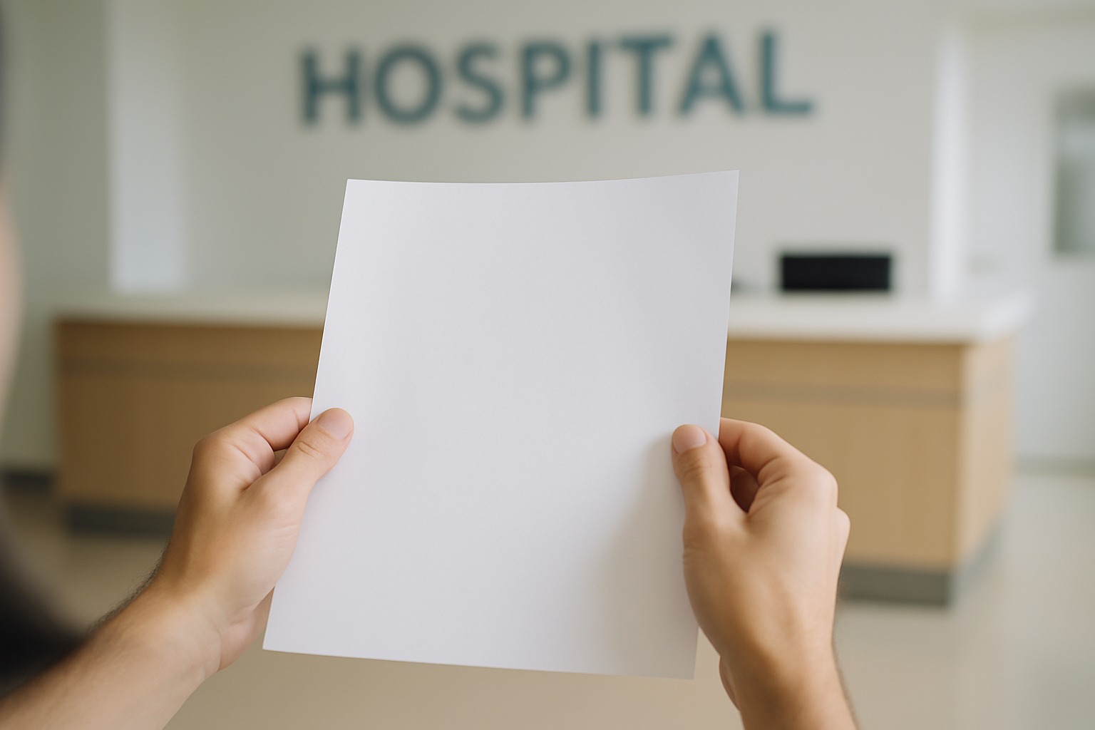 Close-up of a person's hands holding a hospital appointment letter in front of a blurred hospital reception desk