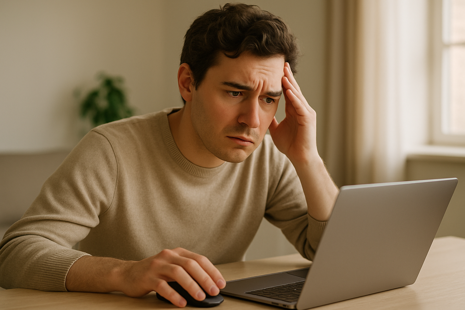 A person sitting at a laptop looking concerned, hand hovering over the mouse, soft indoor lighting