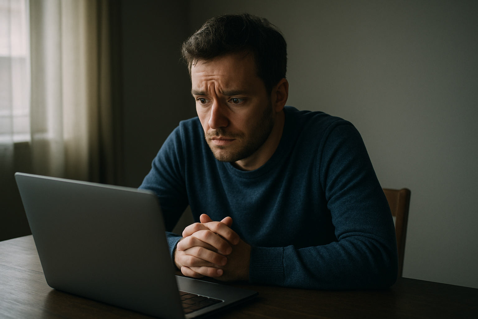 A person sitting alone at a desk in a dimly lit room, staring at a laptop screen with a worried expression, hands clasped together on the table