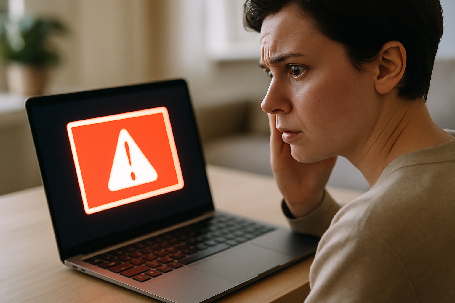 A person sitting at a laptop with a look of concern, staring at a bright pop-up alert on the screen, photographed from slightly over the shoulder in natural indoor light
