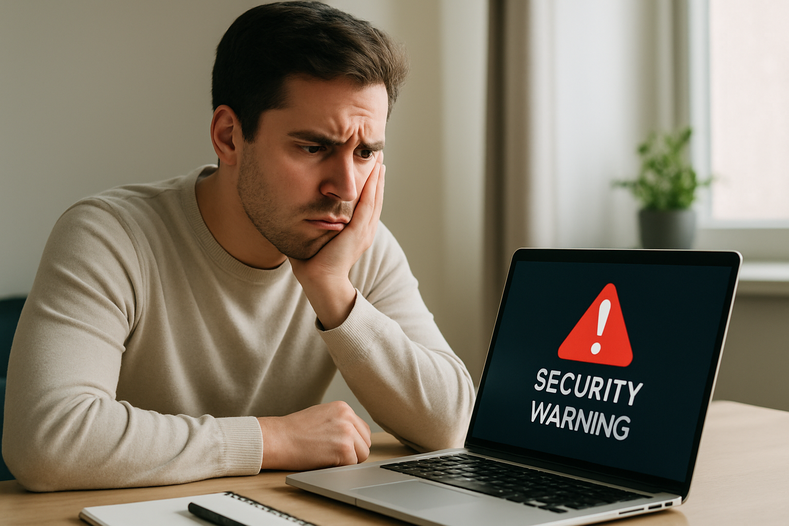 a person at a desk looking concerned at a laptop screen showing a security warning dialog box