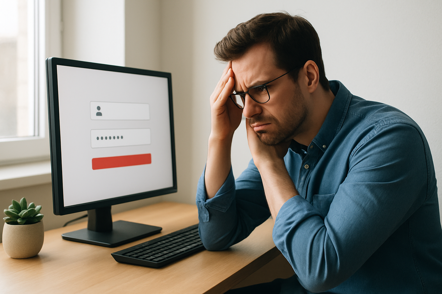 A person sitting at a desktop computer looking frustrated at a login screen that will not accept their password
