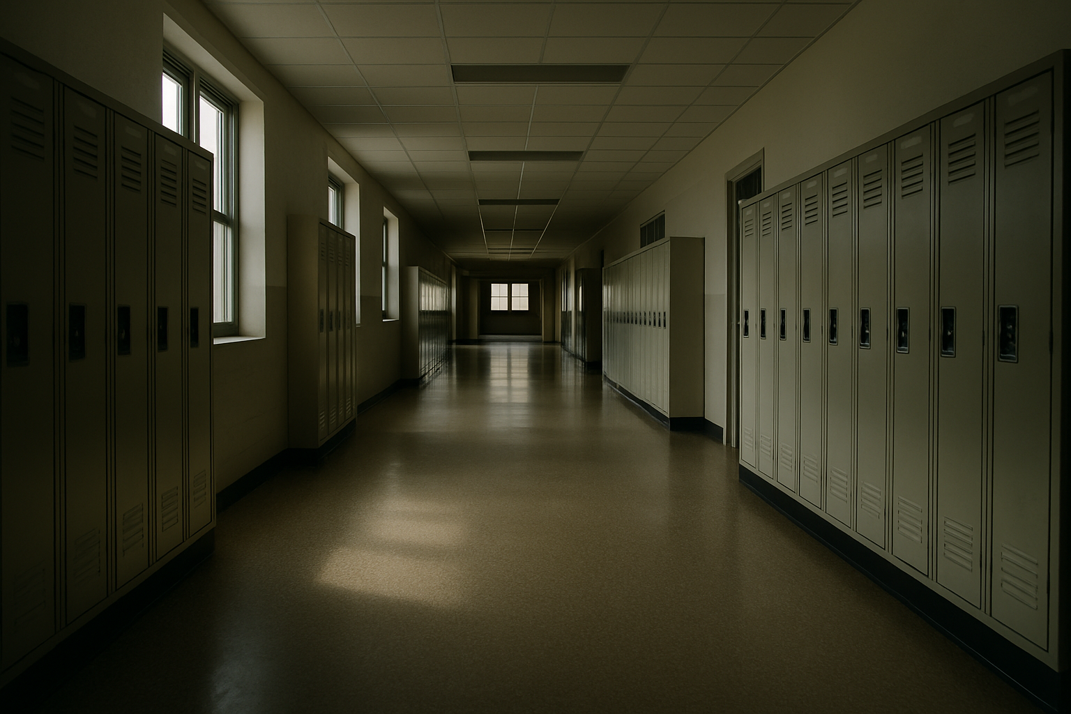 empty school hallway with lockers and overhead fluorescent lights switched off