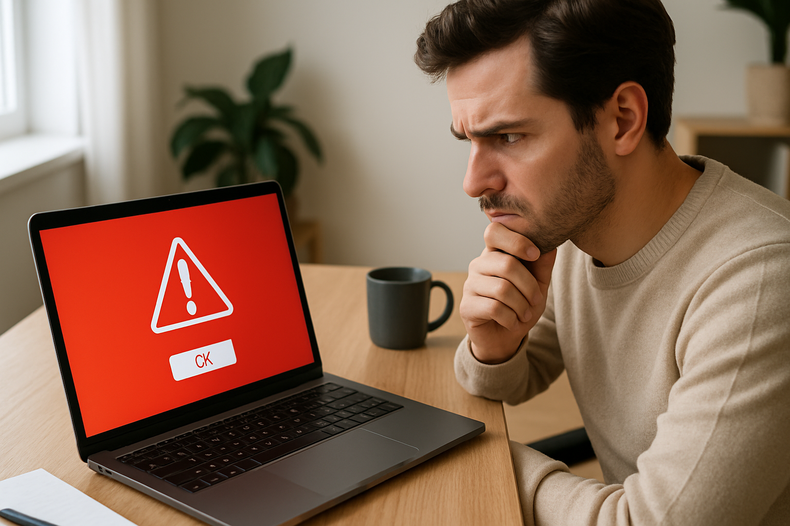 A person sitting at a home desk looking suspiciously at a pop-up warning on a laptop screen, natural indoor lighting