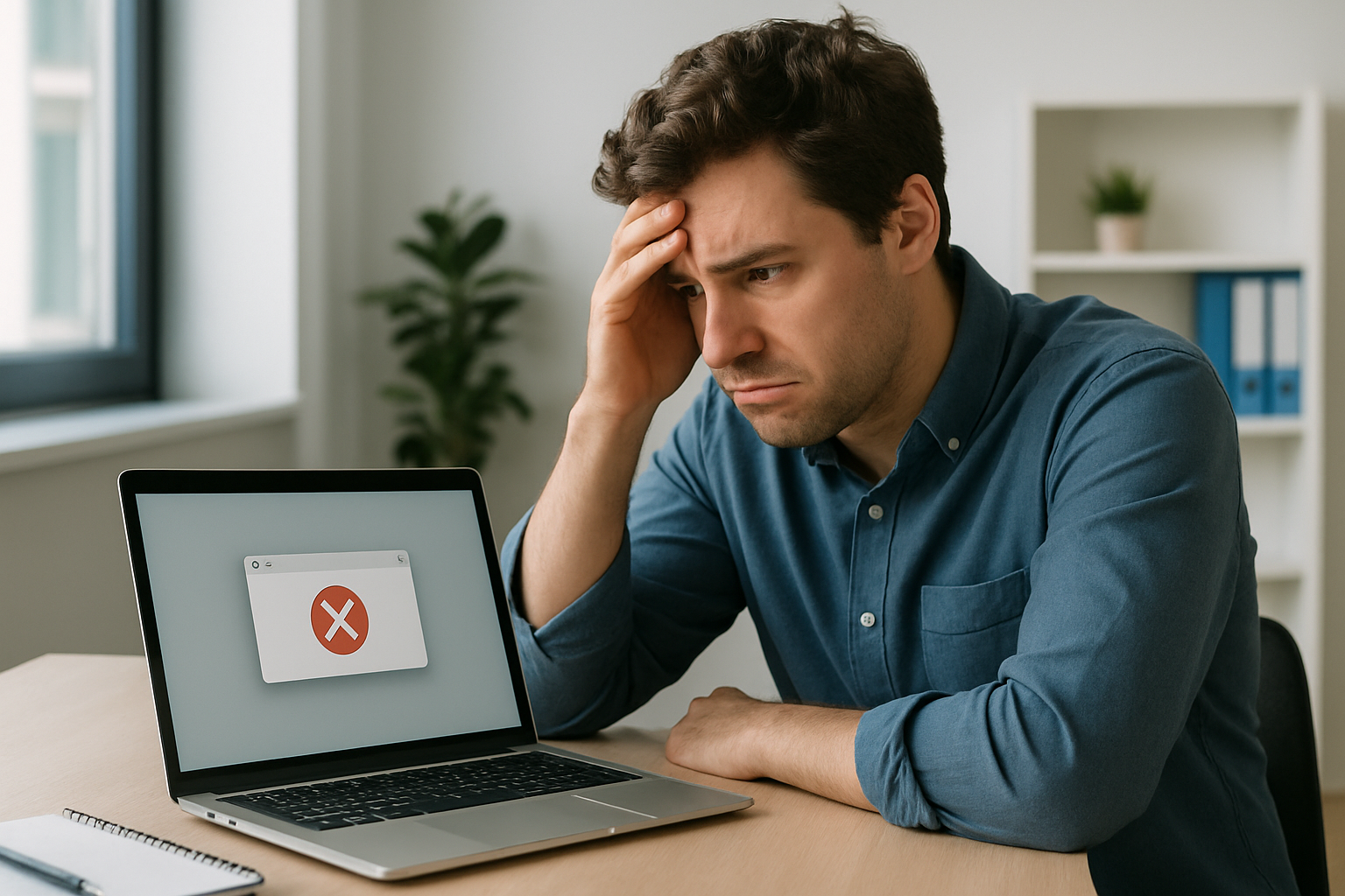 A person sitting at a desk looking frustrated at a laptop screen that shows an error dialog box, natural office lighting