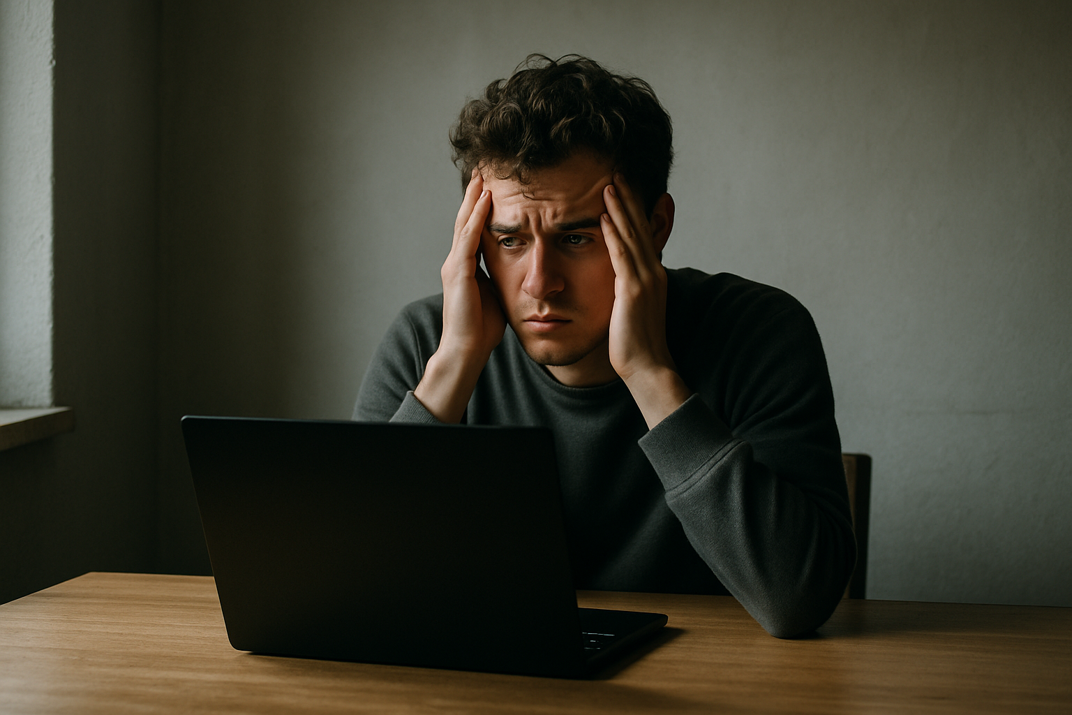 a person sitting alone at a desk staring at a laptop screen with a look of distress, dim lighting, no visible text on screen