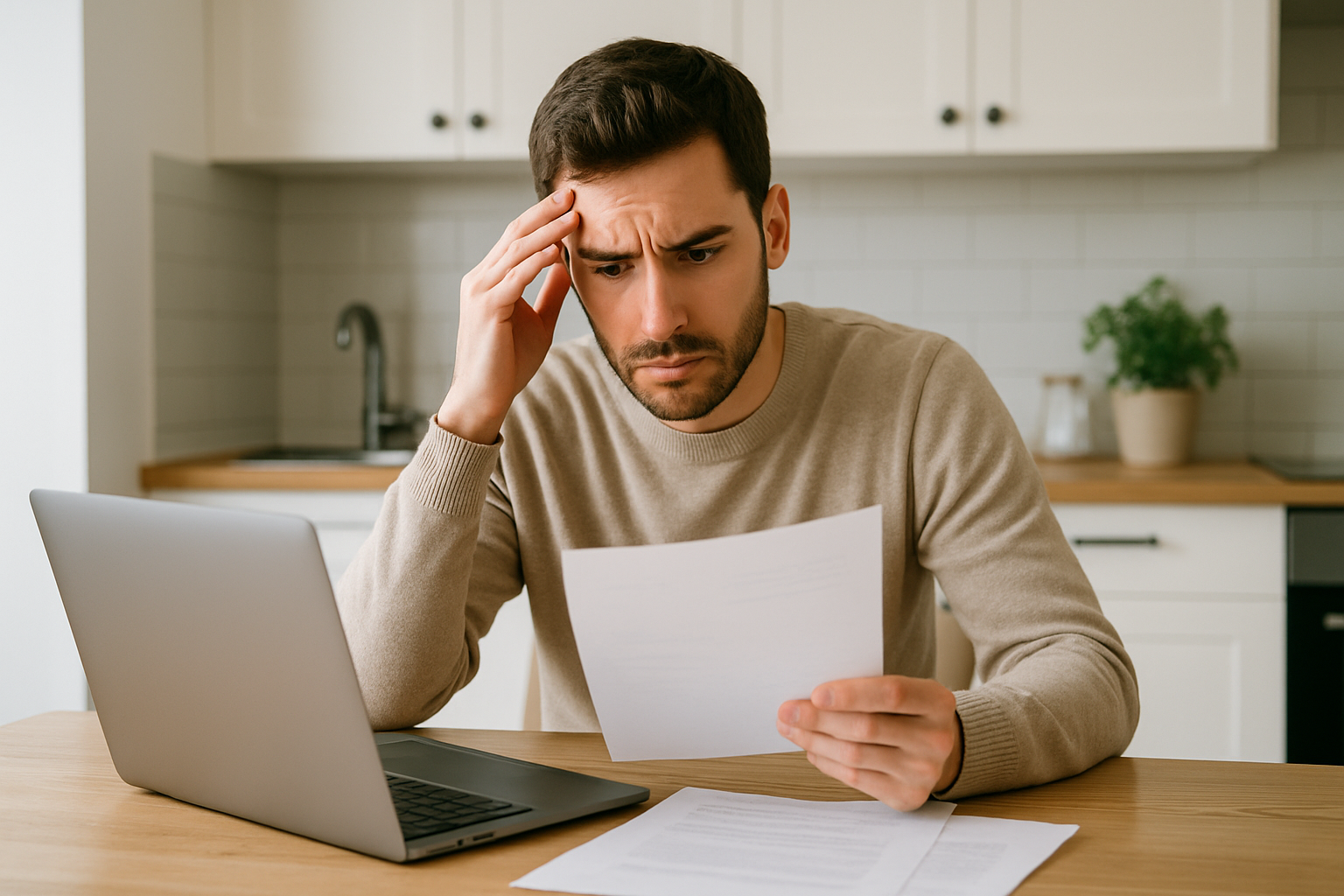 a person sitting at a laptop looking concerned while reviewing documents at a kitchen table