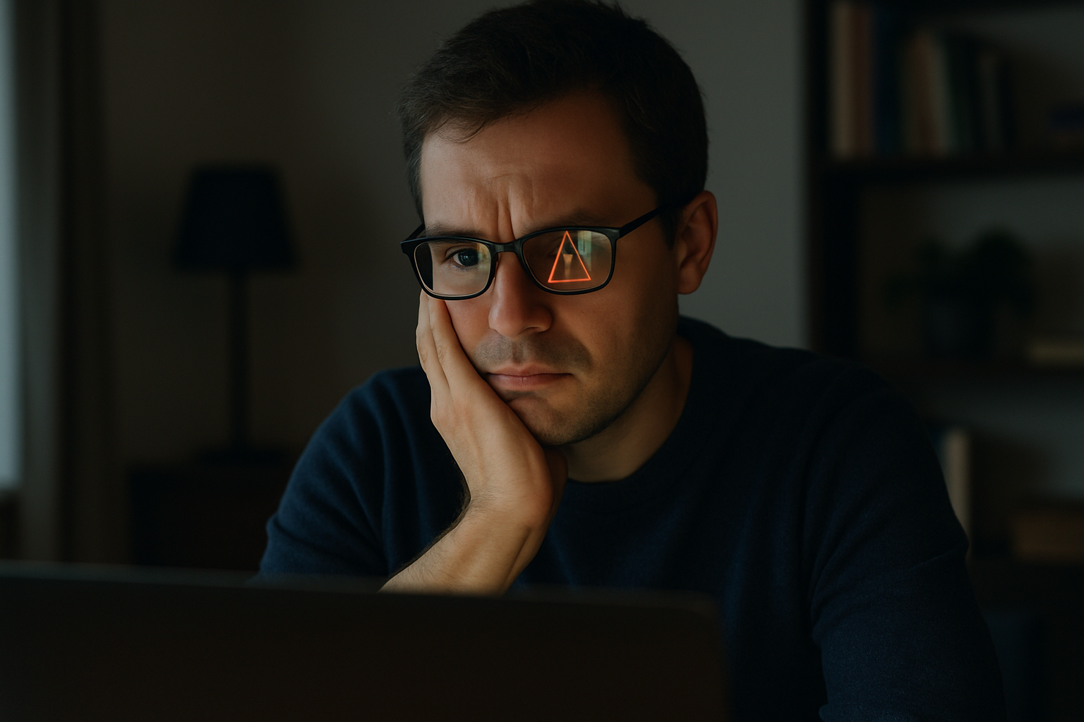 A person looking concerned at a laptop screen in a dimly lit home office, with a warning symbol reflected in their glasses
