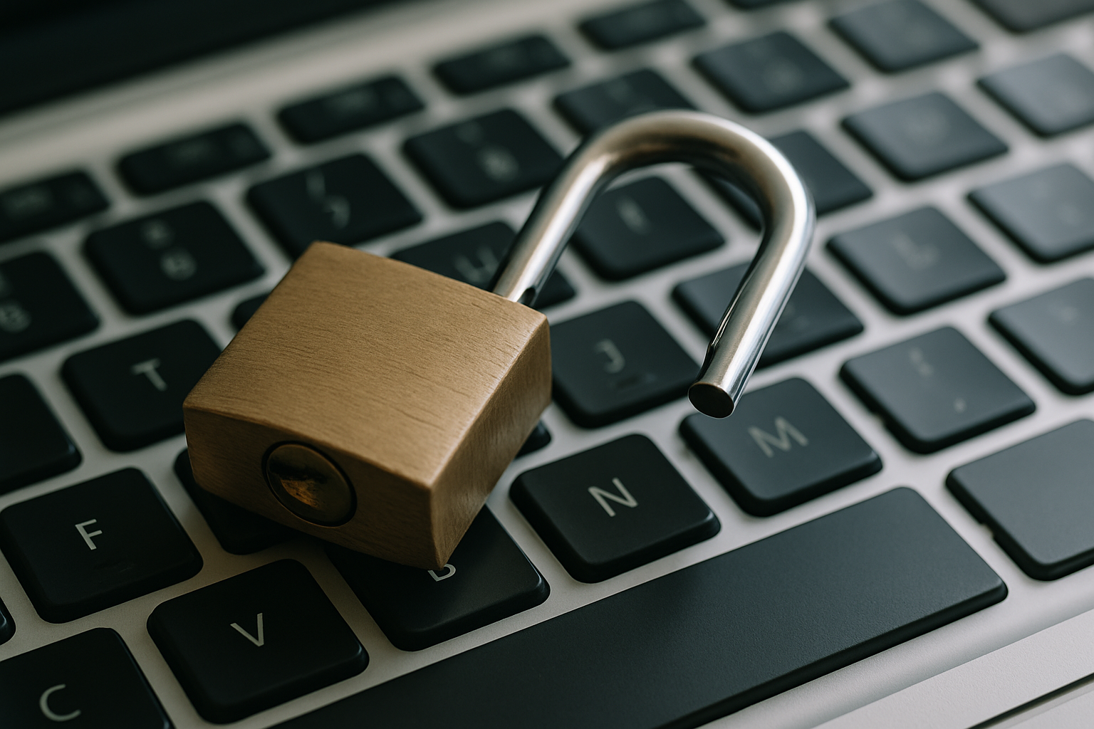close-up of a physical padlock lying open on a computer keyboard