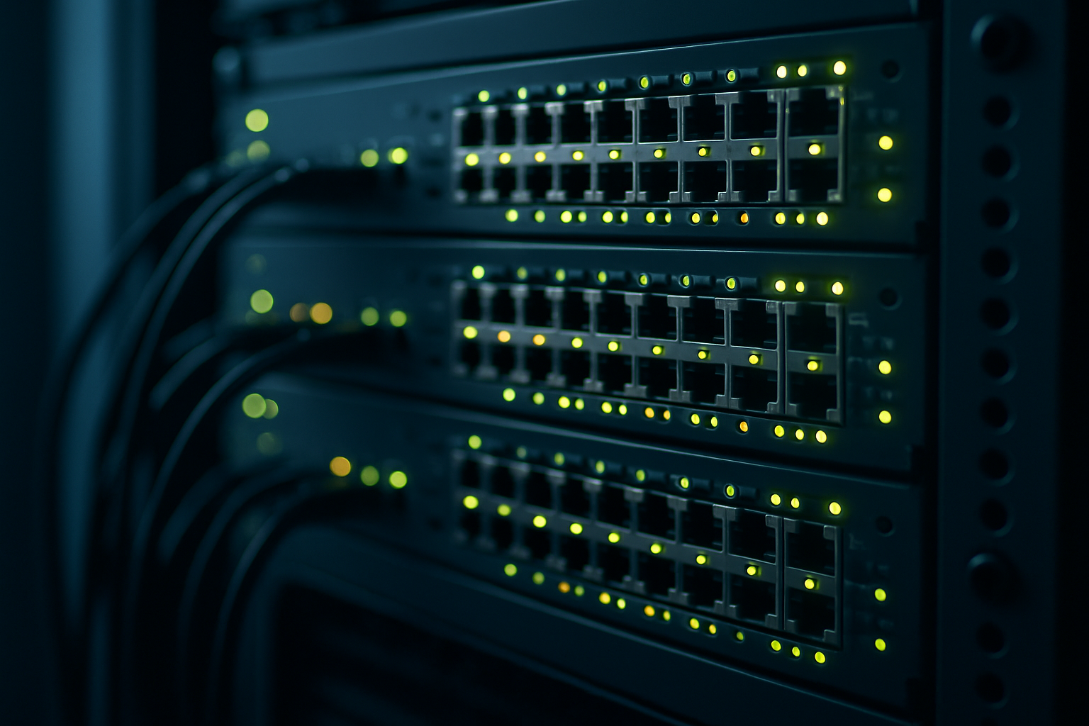 A close-up of a network server rack with blinking indicator lights in a dimly lit data centre room