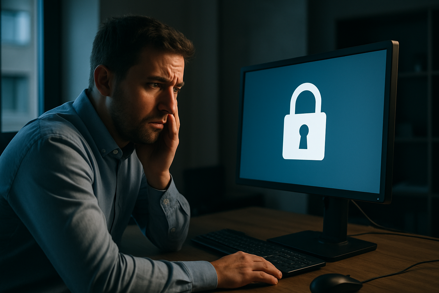 a person sitting at a desktop computer in a dimly lit office, looking at a screen showing a padlock icon, face showing concern