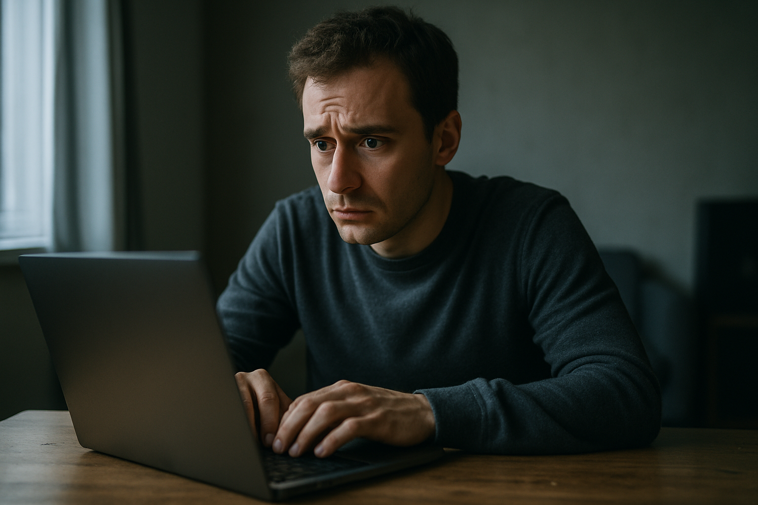 A person sitting alone at a laptop in a dimly lit room, staring at the screen with a worried expression, hands resting on the keyboard
