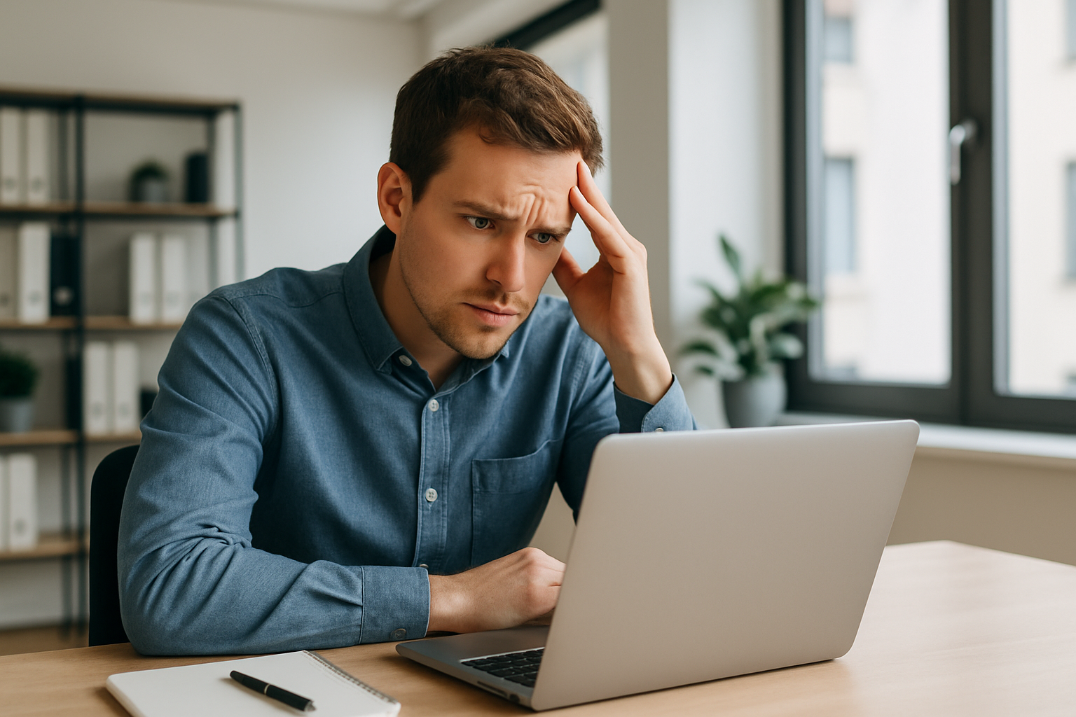 a person sitting at a laptop looking concerned at the screen, office environment, natural light