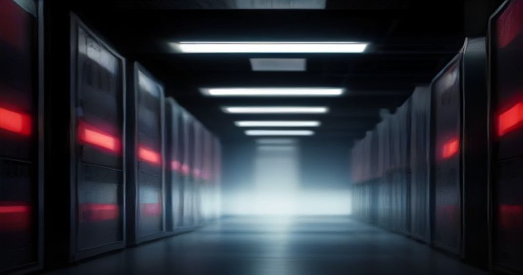 A close-up of a server rack with blinking warning lights in a dimly lit data centre room