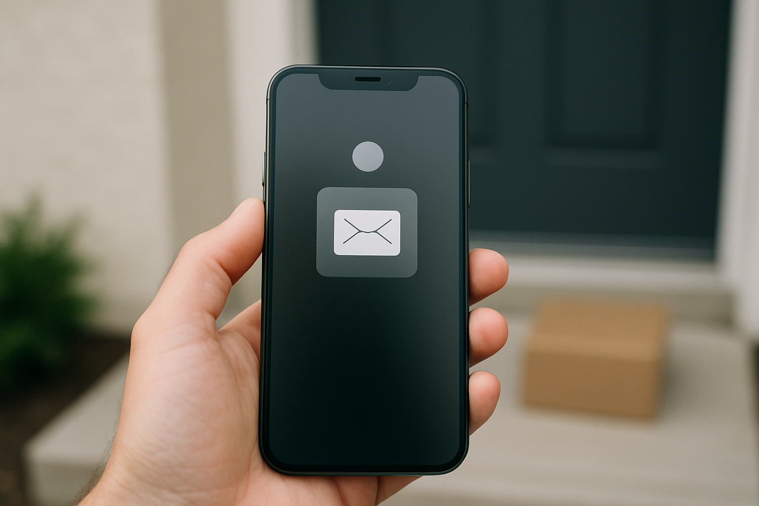 A hand holding a smartphone displaying an incoming text message notification, with a blurred front door and parcel on a doorstep in the background