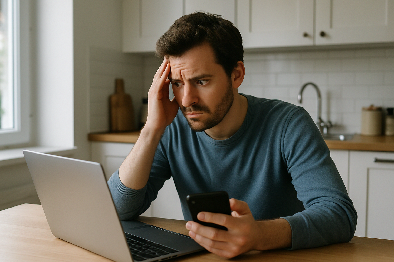 A person sitting at a kitchen table looking anxious at a laptop screen with a mobile phone in their hand, natural home lighting