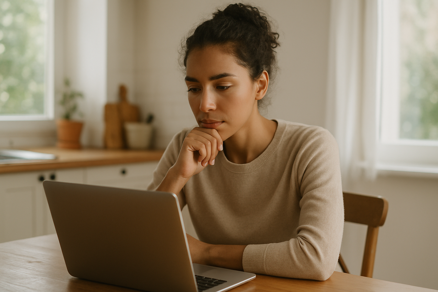 A person sitting at a kitchen table looking at a laptop screen with a thoughtful expression, soft natural light from a nearby window